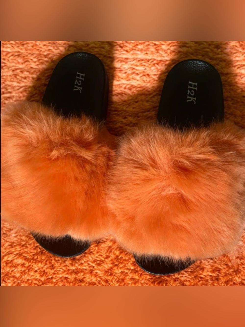 H2K Orange Faux Fur Slide Slippers — Plush Comfort - NWOT